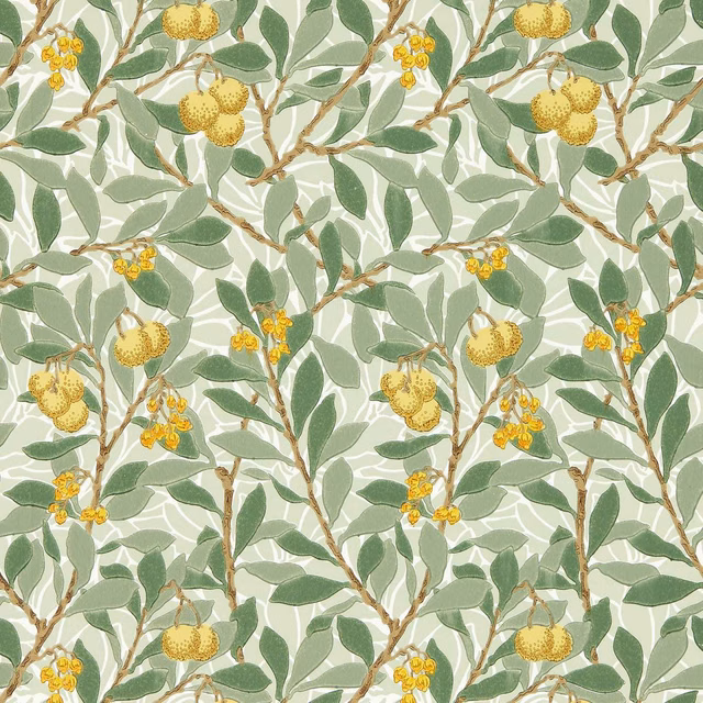 Sage leafy branches with lemon fruit and yellow blossom clusters on cream