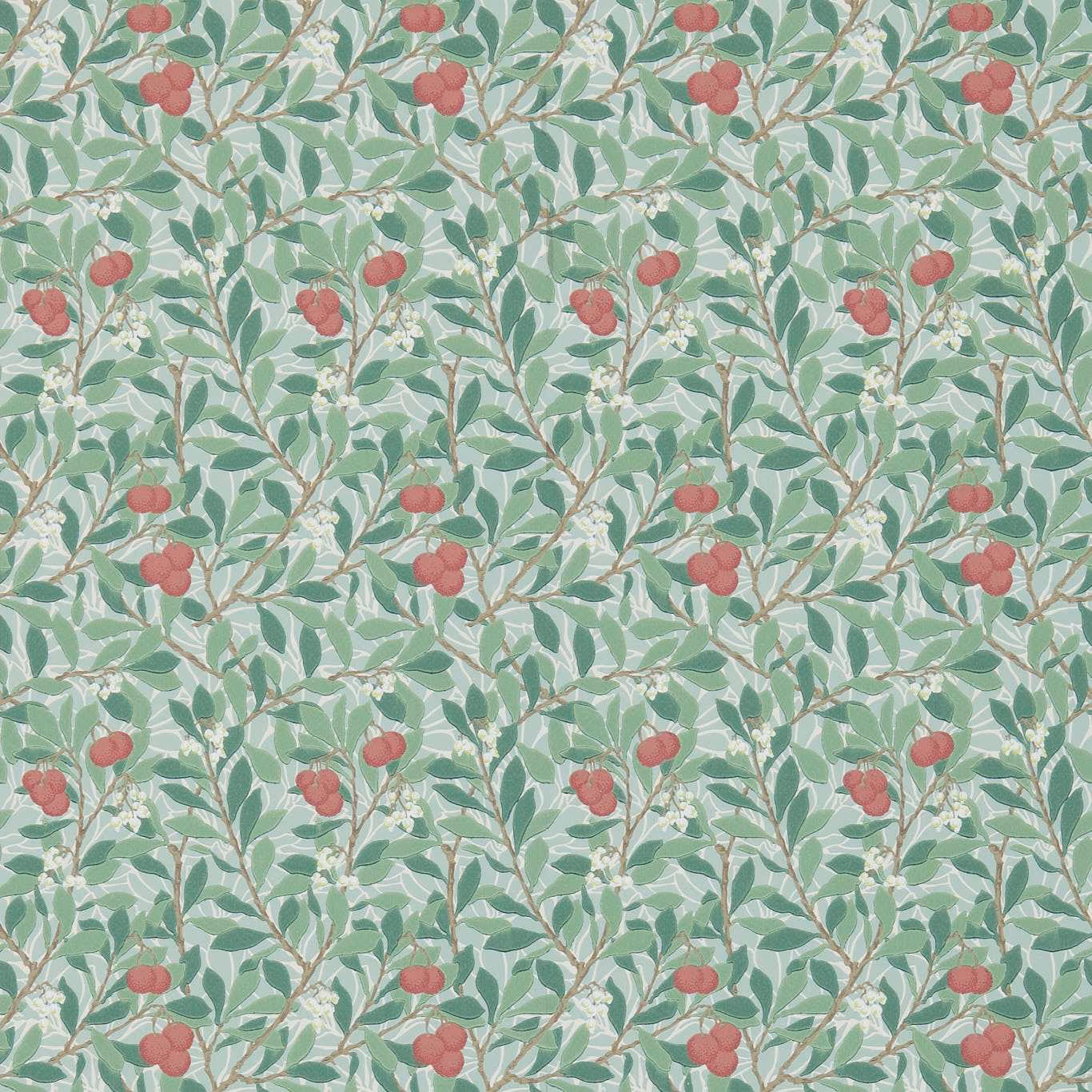 Sage leafy branches with muted coral berry clusters on a pale patterned ground