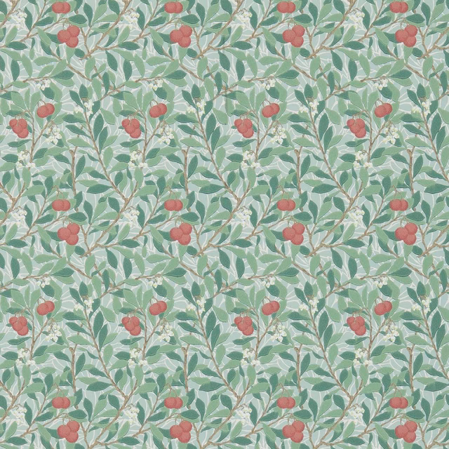 Sage leafy branches with muted coral berry clusters on a pale patterned ground