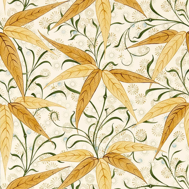 Sunflower-gold bamboo leaves and olive stems on an ivory botanical wallpaper ground
