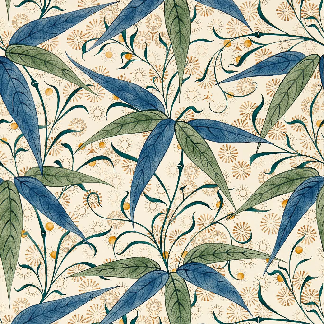 Cream wallpaper with blue and thyme-green leaves, ochre blooms and fine botanical linework
