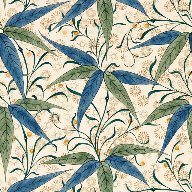 Cream wallpaper with blue and thyme-green leaves, ochre blooms and fine botanical linework