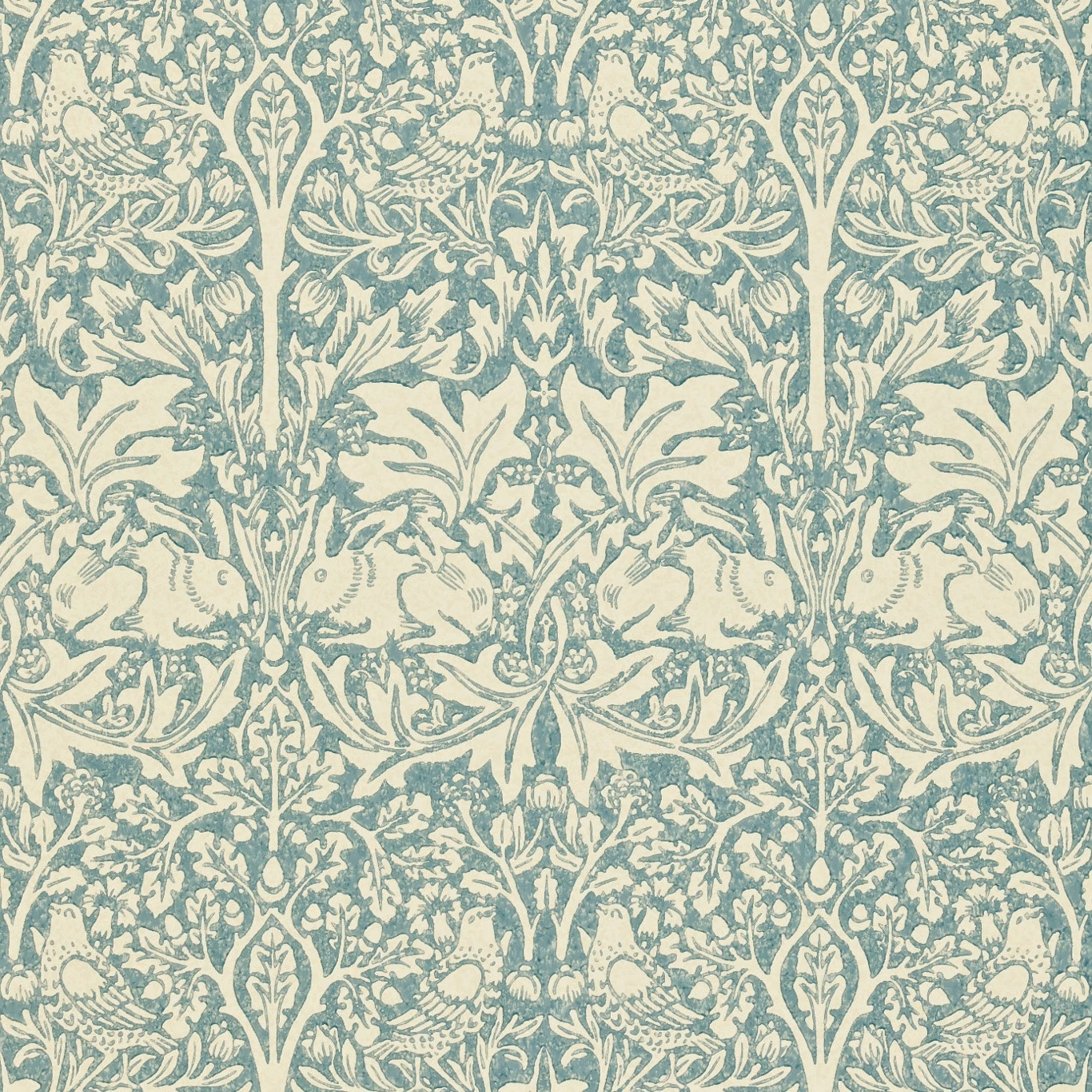Muted slate-blue rabbits and birds among cream botanical foliage on vellum ground