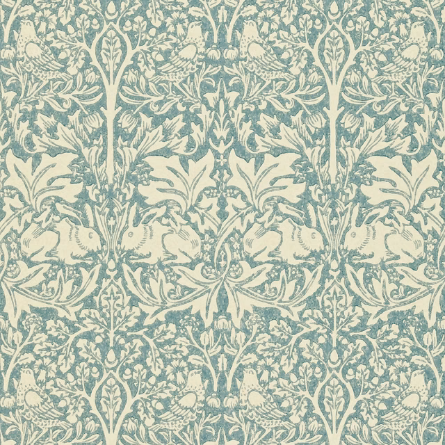 Muted slate-blue rabbits and birds among cream botanical foliage on vellum ground