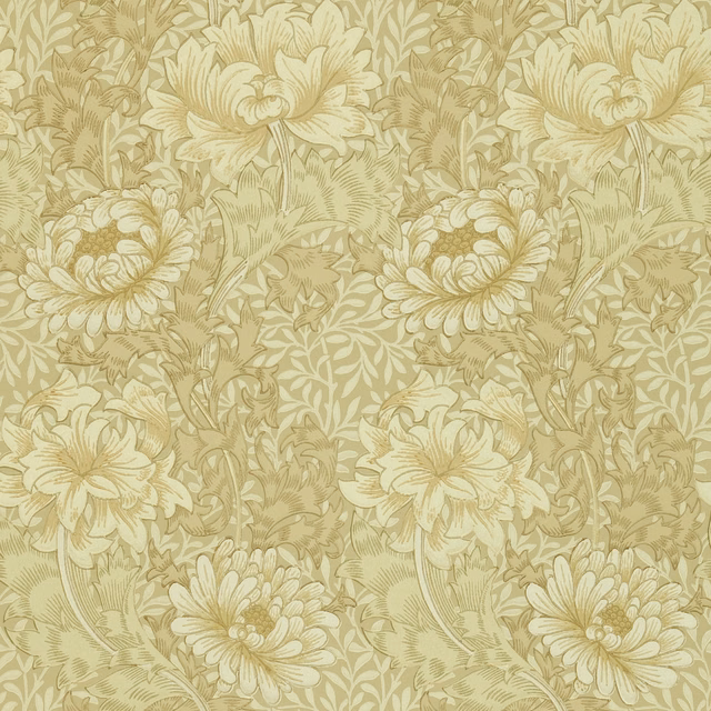 Warm ivory wallpaper with muted sage chrysanthemums and dense botanical linework