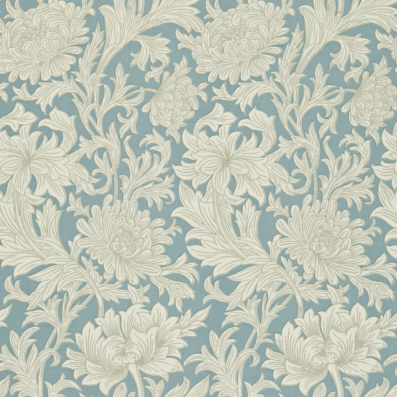 Chalky China blue wallpaper with cream chrysanthemums, curling leaves and clustered floral sprays