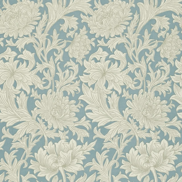 Chalky China blue wallpaper with cream chrysanthemums, curling leaves and clustered floral sprays
