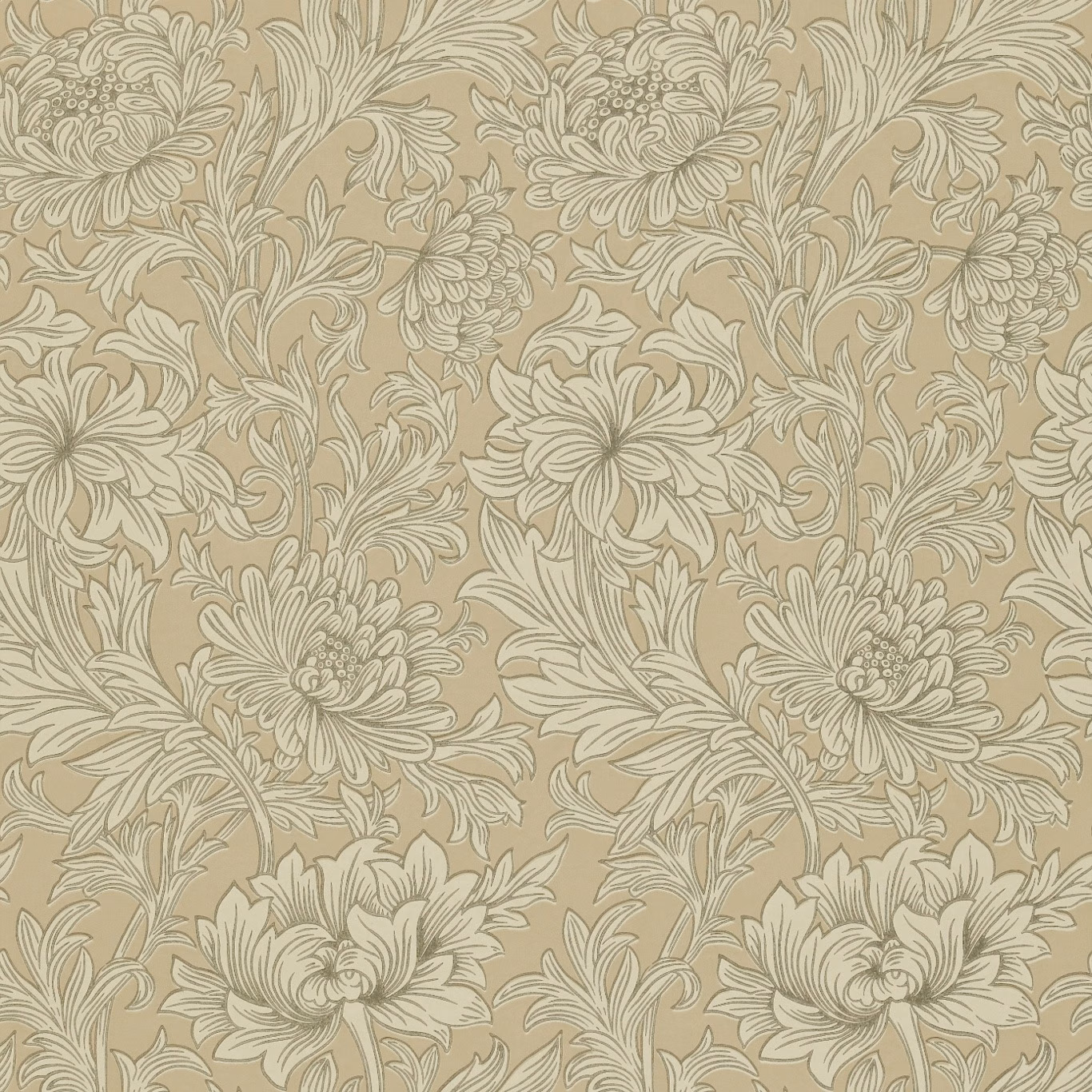 Warm taupe wallpaper with ivory and gold chrysanthemum flowers and scrolling leaves