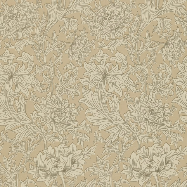 Warm taupe wallpaper with ivory and gold chrysanthemum flowers and scrolling leaves