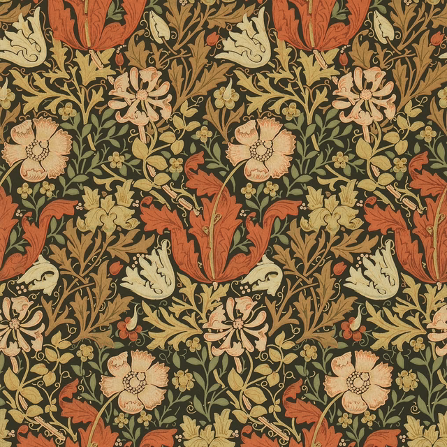 Dark olive wallpaper with rust flowers, cream blooms and curling botanical stems