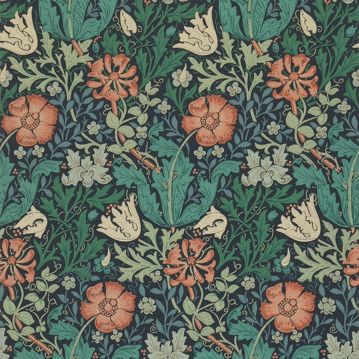 Indigo wallpaper with russet flowers, teal foliage, cream leaves and dense botanical detail
