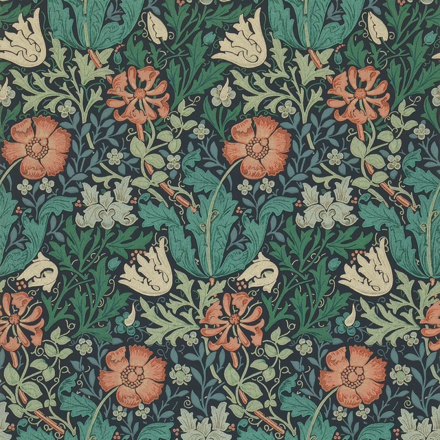 Indigo wallpaper with russet flowers, teal foliage, cream leaves and dense botanical detail
