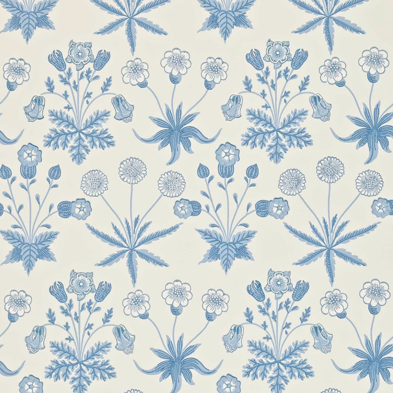 Ivory wallpaper with repeating pale blue flowers, leafy sprays and star-shaped botanical motifs