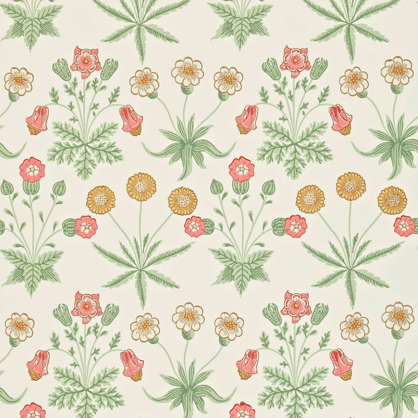 Warm cream wallpaper with sage leaves, coral-pink blooms and ochre daisy heads
