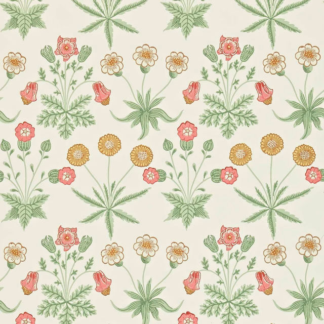Warm cream wallpaper with sage leaves, coral-pink blooms and ochre daisy heads