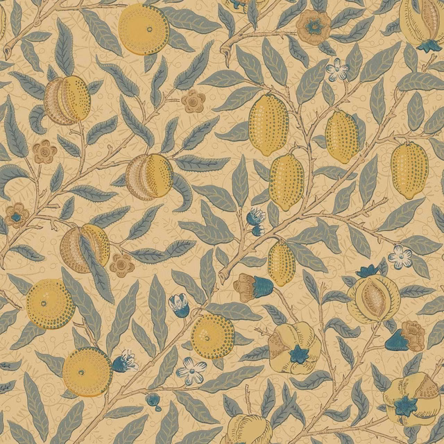 Warm beige wallpaper with blue-grey leaves and gold fruit on trailing brown stems