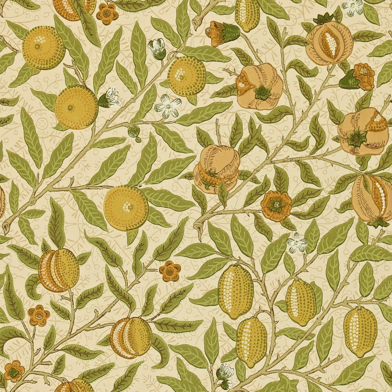 Lime-ground botanical wallpaper with olive leaves, tan fruits and fine branching stems