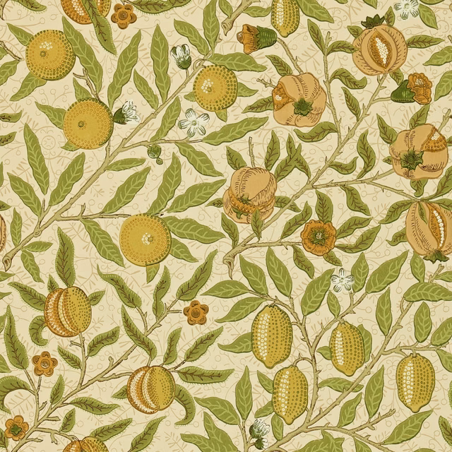 Lime-ground botanical wallpaper with olive leaves, tan fruits and fine branching stems