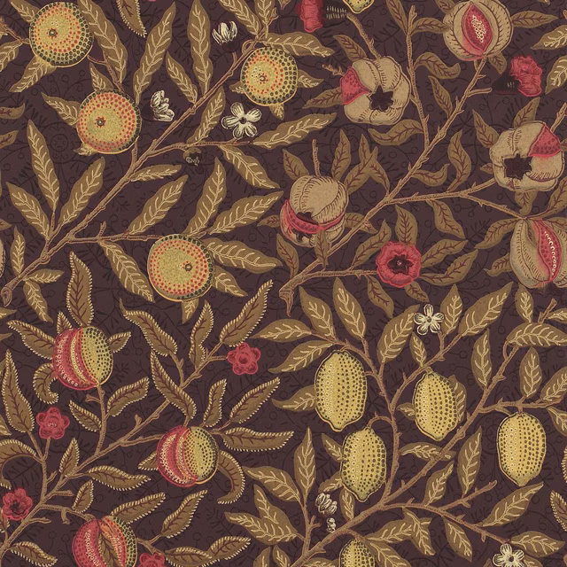 Dark brown botanical wallpaper with fruit-wine pomegranates, manilla lemons and trailing foliage