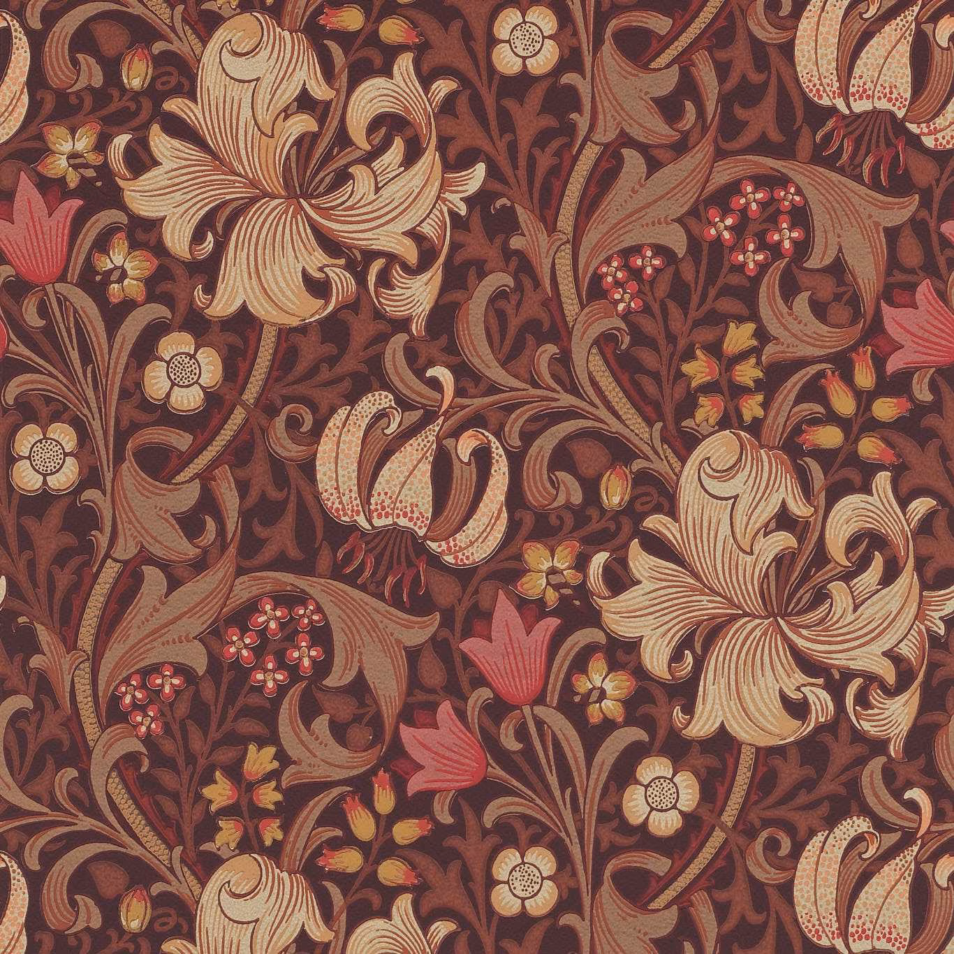 Fig-brown wallpaper with cream lilies, burnt-orange tulips and curling botanical stems