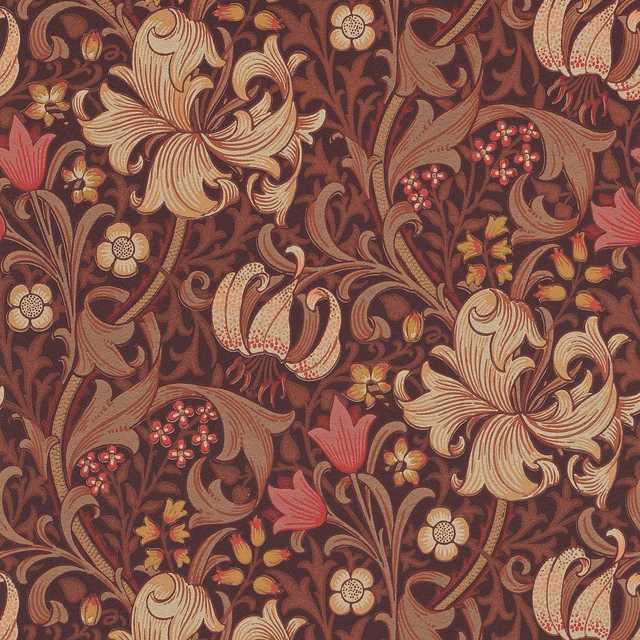 Fig-brown wallpaper with cream lilies, burnt-orange tulips and curling botanical stems