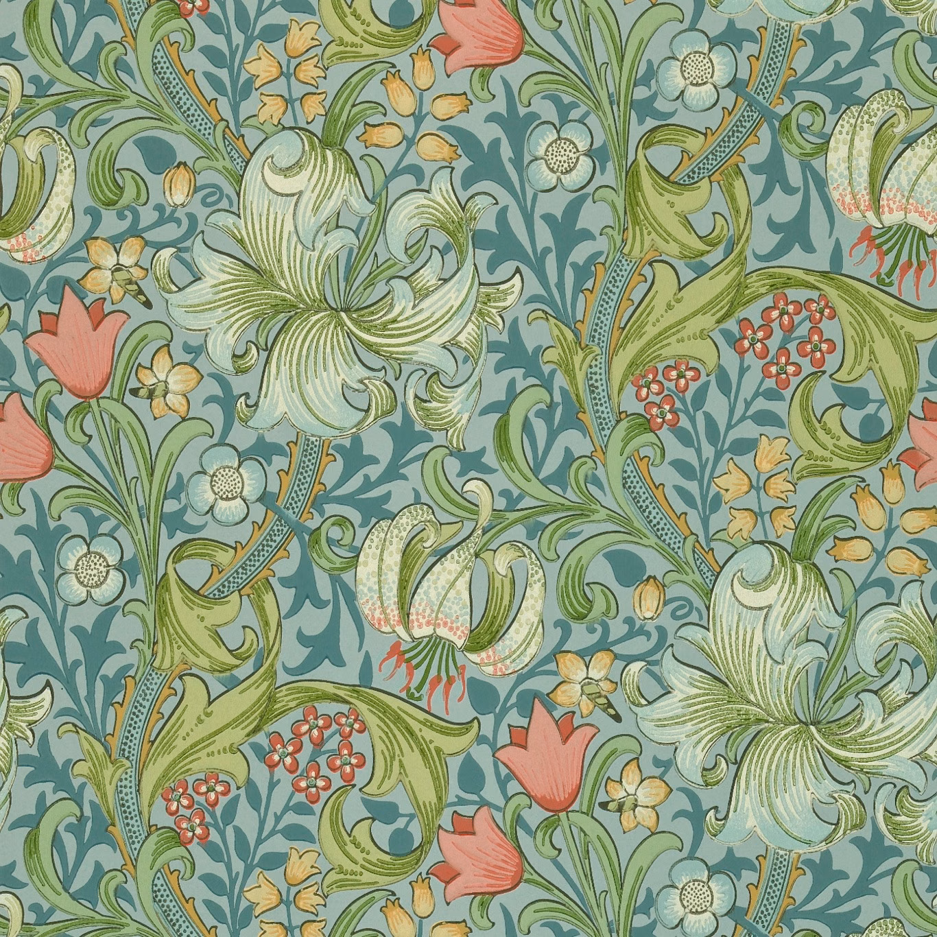 Mineral teal wallpaper with coral tulips, sage foliage, cream flowers and red berry clusters