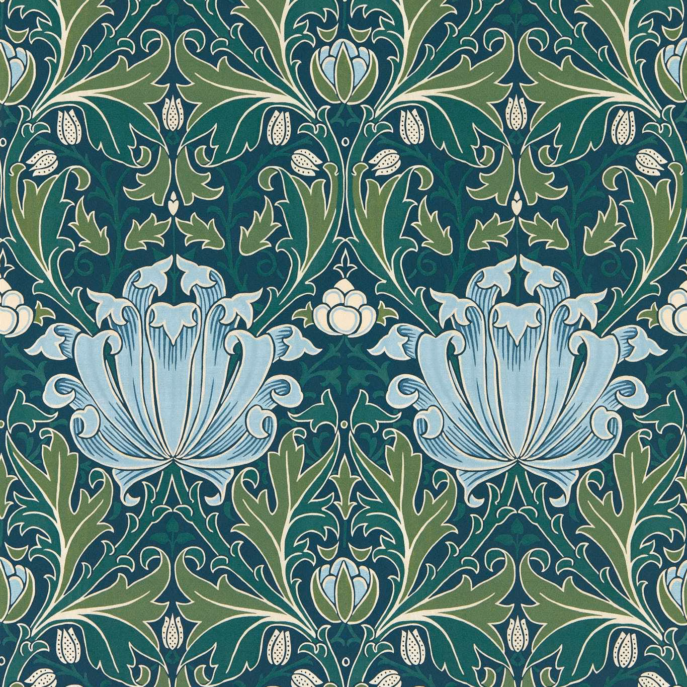 Deep indigo-teal wallpaper with sage scrolling foliage and pale blue floral urns