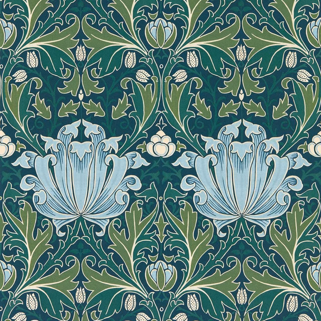 Deep indigo-teal wallpaper with sage scrolling foliage and pale blue floral urns