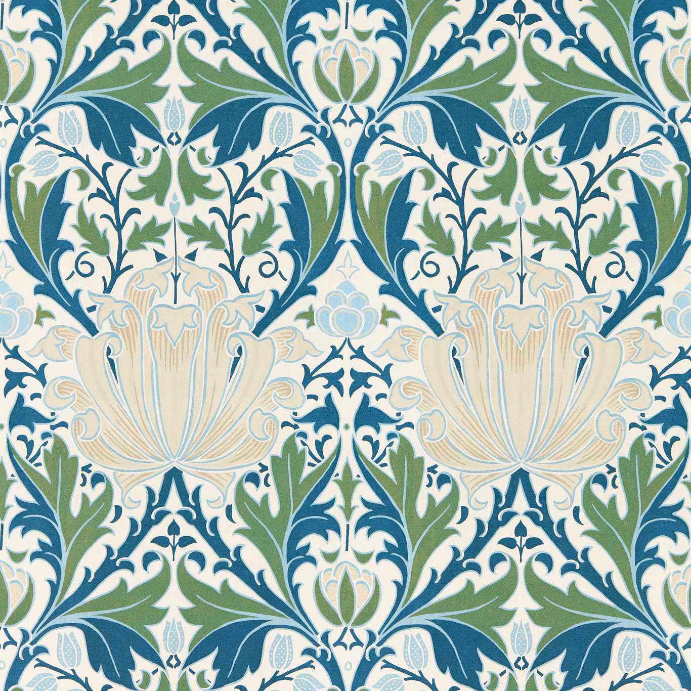 Indigo, teal and forest-green botanical wallpaper with cream floral motifs