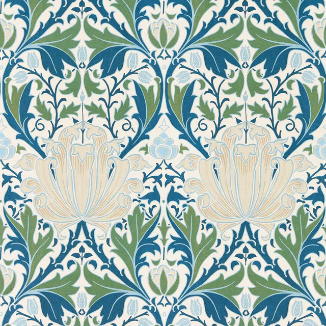 Indigo, teal and forest-green botanical wallpaper with cream floral motifs