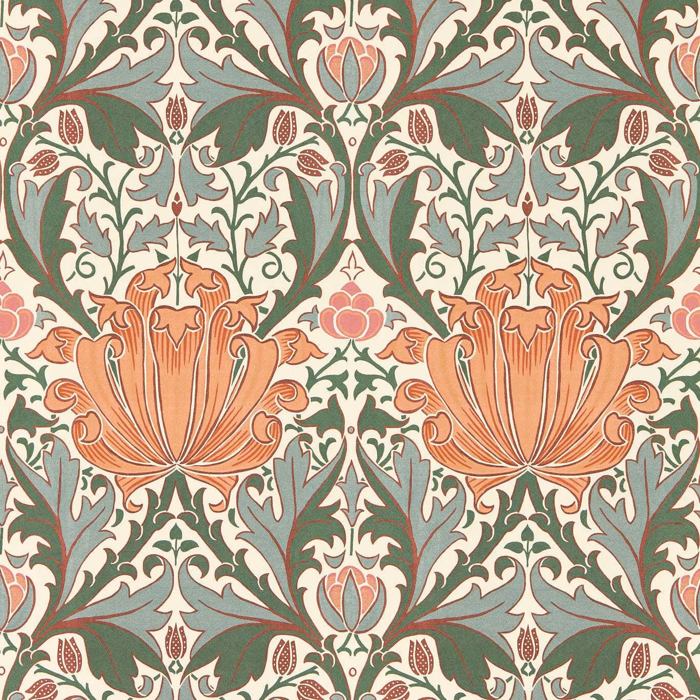 Peach and teal Morris floral wallpaper with stylised tulips on a cream ground