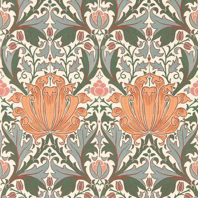 Peach and teal Morris floral wallpaper with stylised tulips on a cream ground