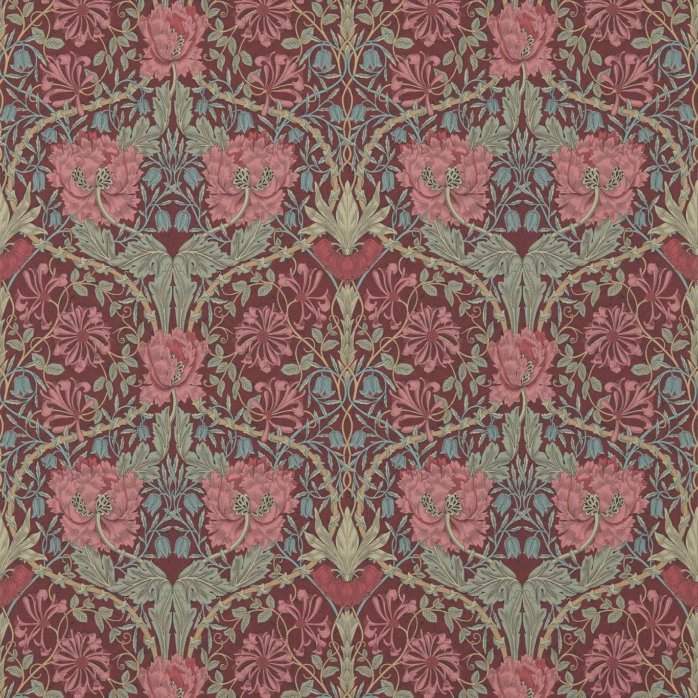 Burgundy wallpaper with pink honeysuckle blooms, sage leaves and curling botanical stems