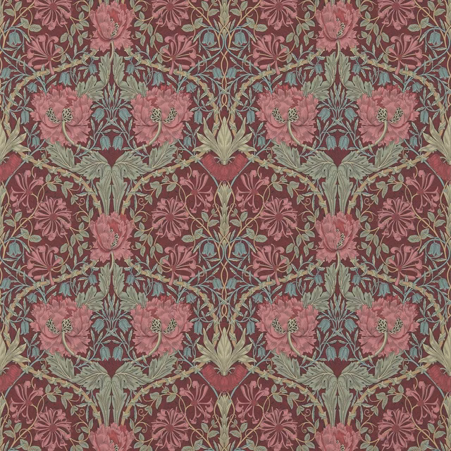 Burgundy wallpaper with pink honeysuckle blooms, sage leaves and curling botanical stems