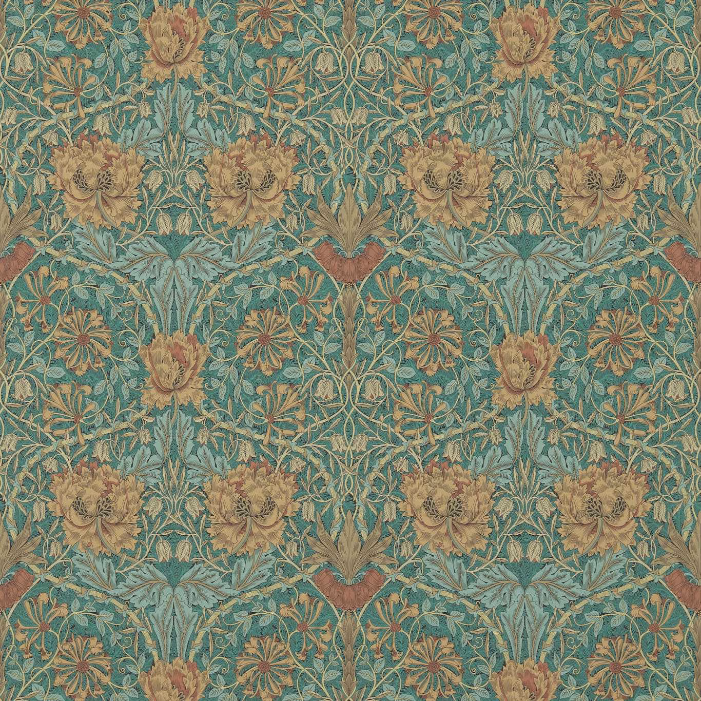 Emerald teal wallpaper with russet tulips, ochre blooms and pale blue foliage