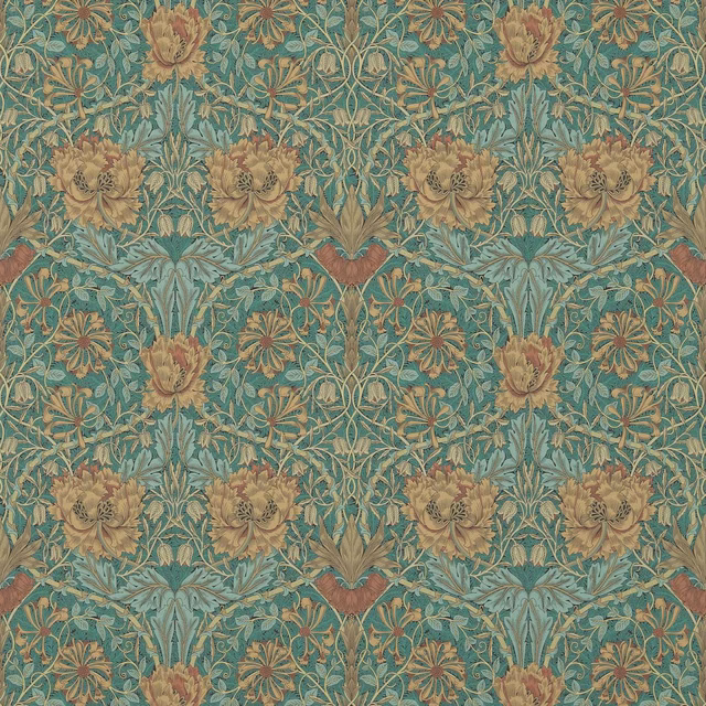 Emerald teal wallpaper with russet tulips, ochre blooms and pale blue foliage
