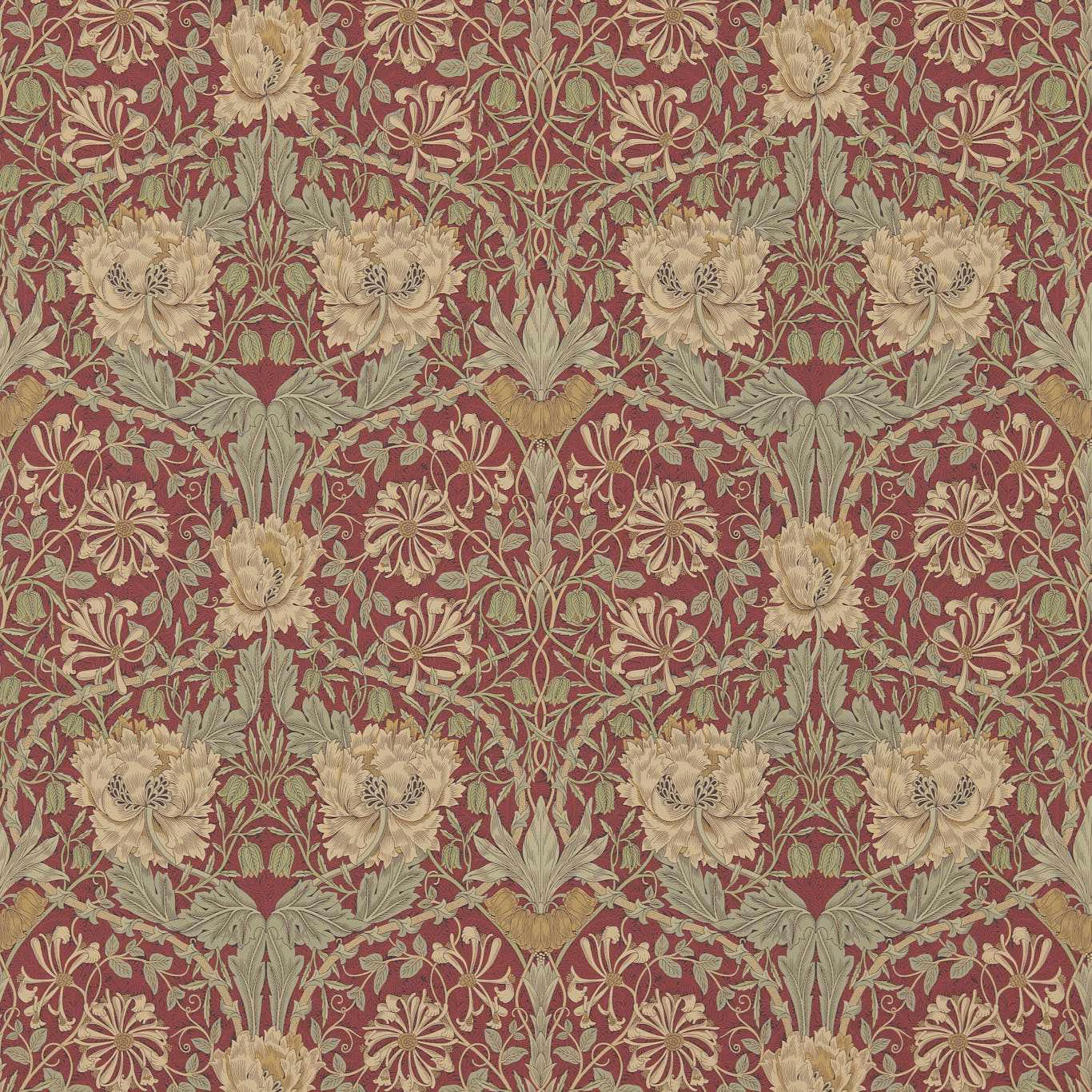 Muted tulip-red wallpaper with cream flowers and sage scrolling foliage