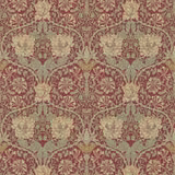 Muted tulip-red wallpaper with cream flowers and sage scrolling foliage