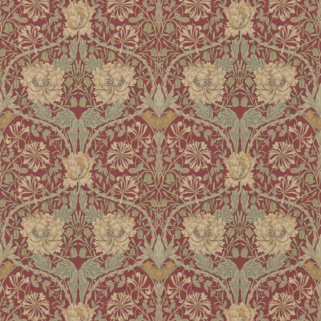 Muted tulip-red wallpaper with cream flowers and sage scrolling foliage