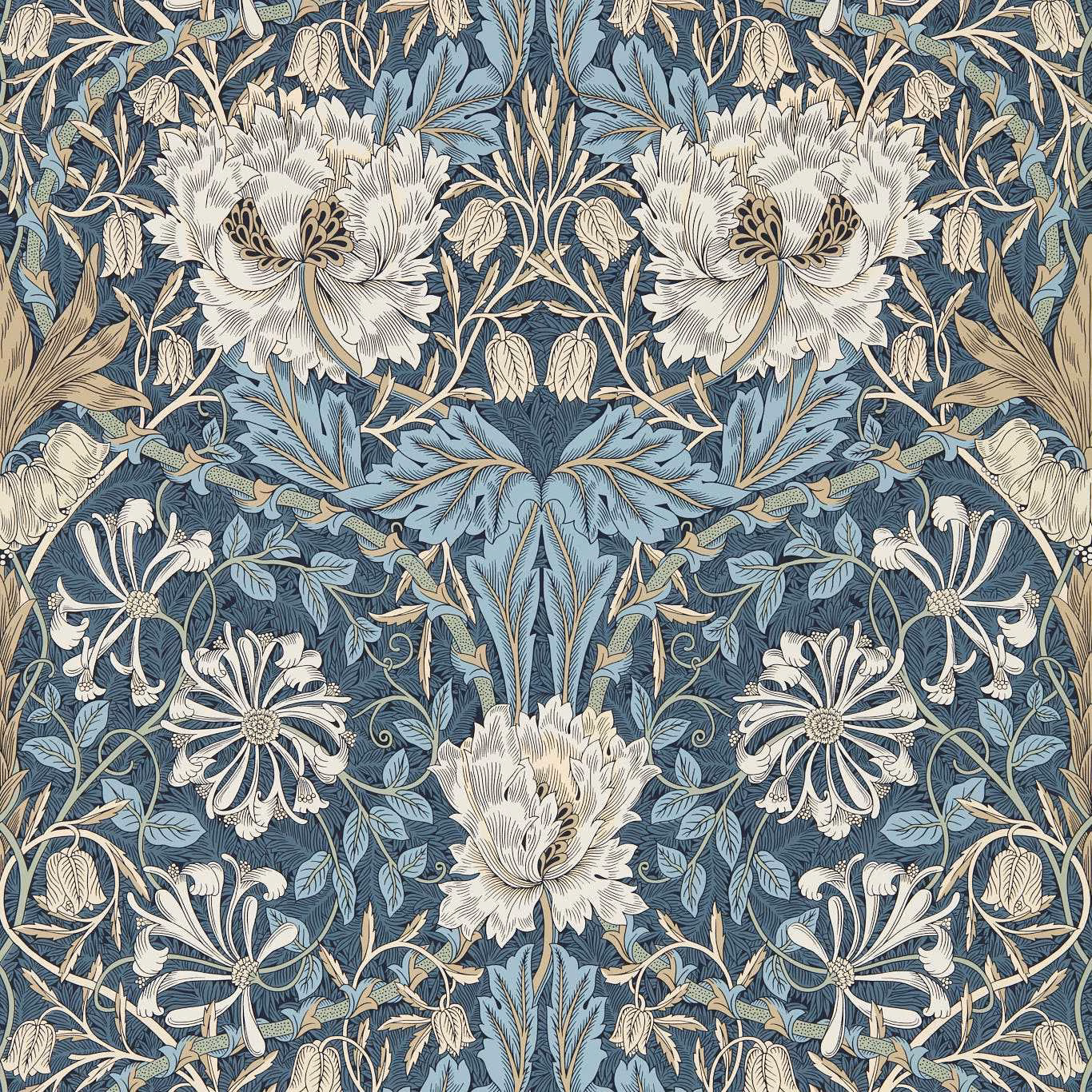 Muted woad-blue wallpaper with cream peonies, thyme leaves and curling botanical stems