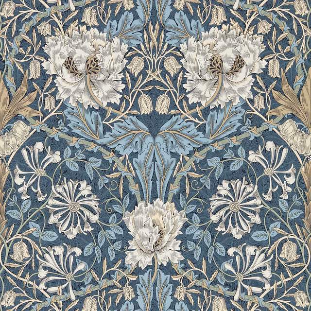 Muted woad-blue wallpaper with cream peonies, thyme leaves and curling botanical stems
