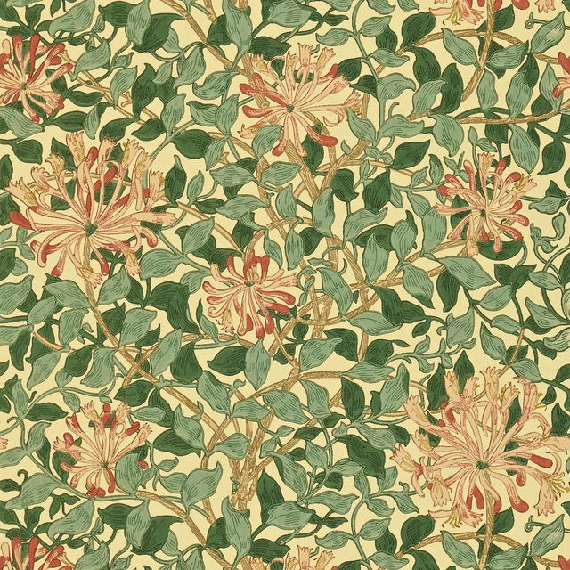 Cream wallpaper with leafy green vines and coral-pink honeysuckle flowers