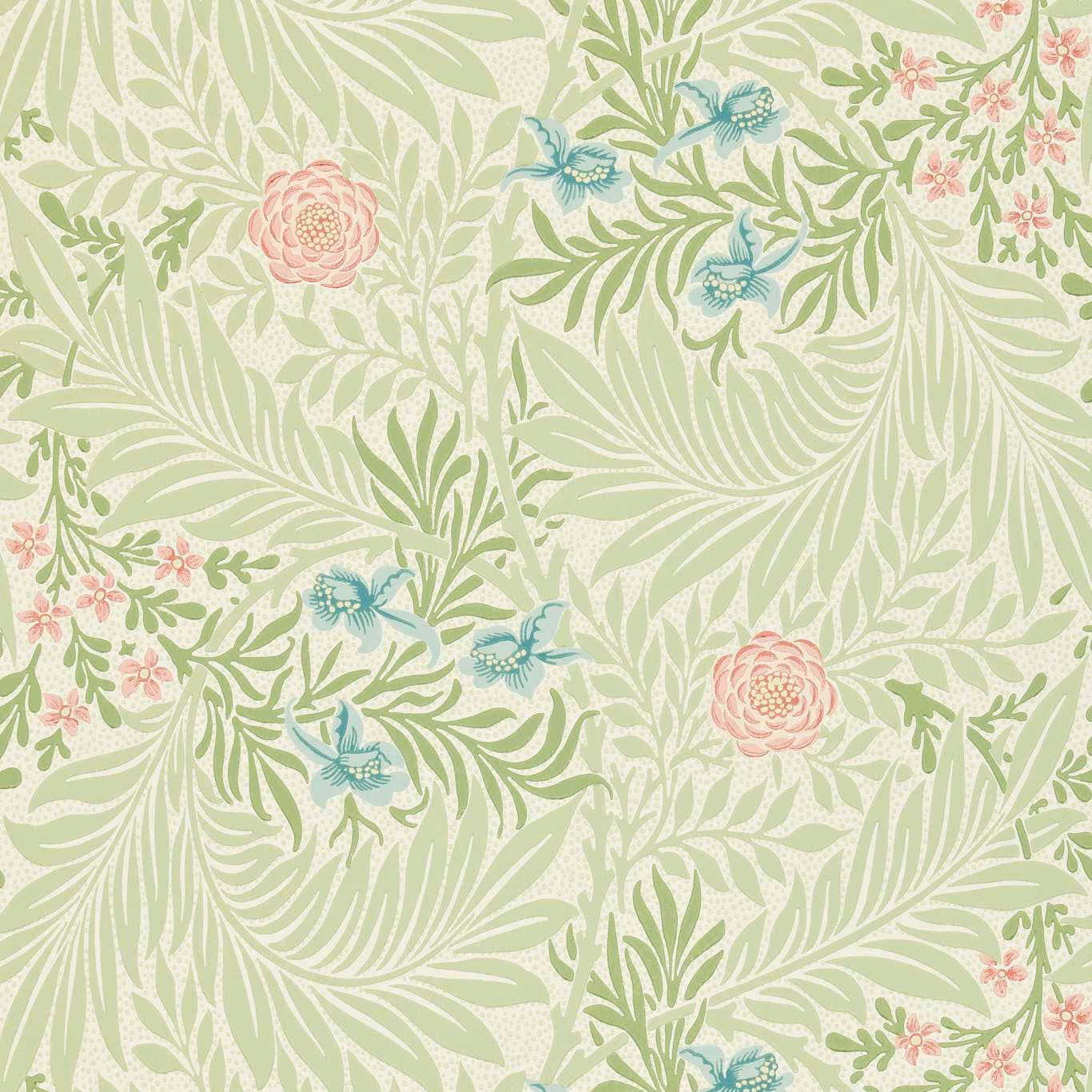 Soft sage wallpaper with coral rosettes, cream foliage and blue-green floral motifs