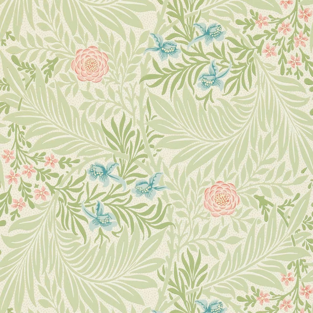 Soft sage wallpaper with coral rosettes, cream foliage and blue-green floral motifs