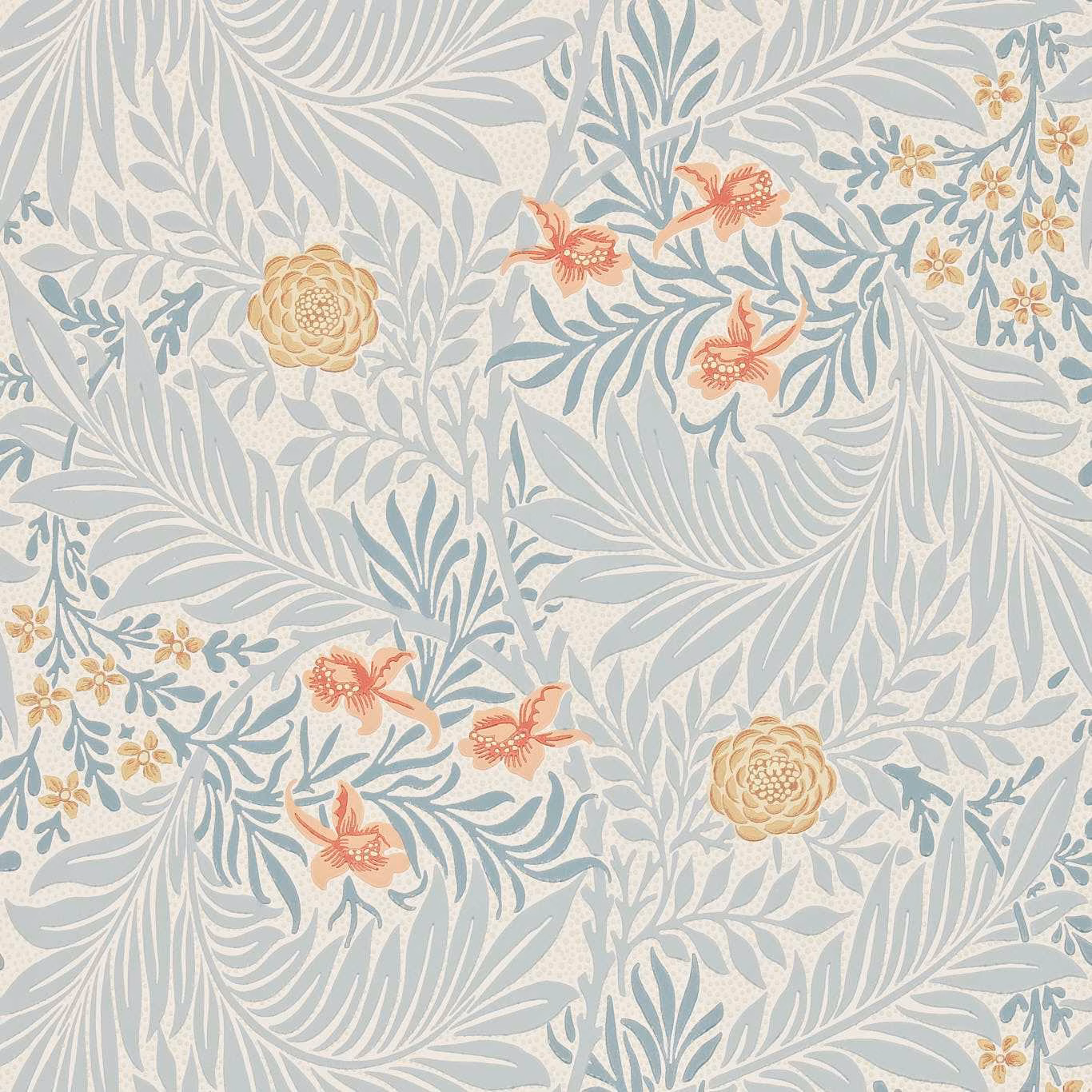 Slate-blue botanical wallpaper with russet flowers, cream leaves and mustard rosettes