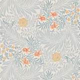Slate-blue botanical wallpaper with russet flowers, cream leaves and mustard rosettes