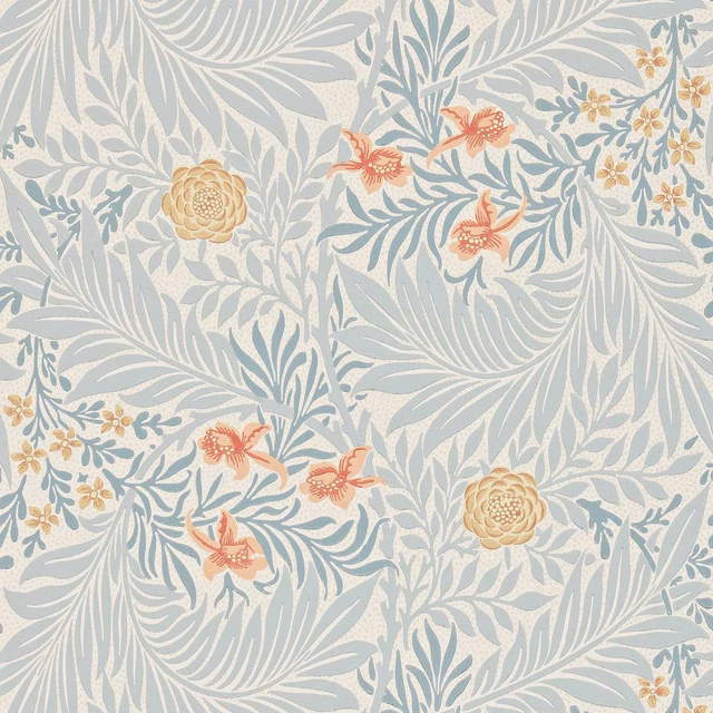 Slate-blue botanical wallpaper with russet flowers, cream leaves and mustard rosettes