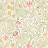 Cream wallpaper with sage scrolling foliage, yellow daisies and rose-pink flowers