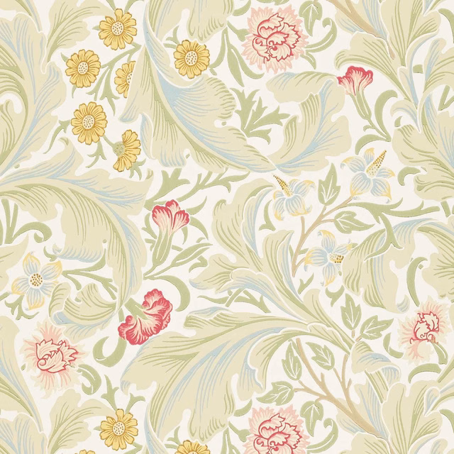 Cream wallpaper with sage scrolling foliage, yellow daisies and rose-pink flowers