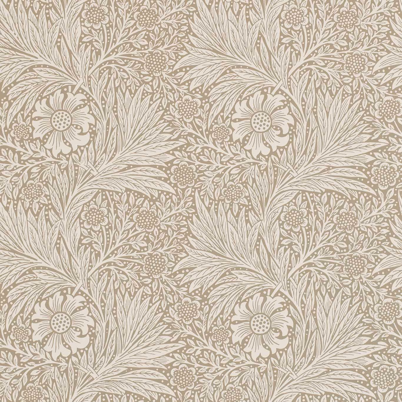 Warm linen-beige wallpaper with taupe botanical sprays, rounded flowers and sweeping leaves